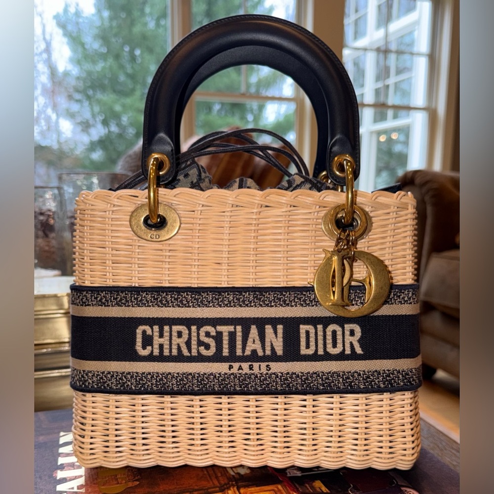 Christian Dior Lady Dior Bag Wicker & Navy Blue Oblique Canvas Medium $6300